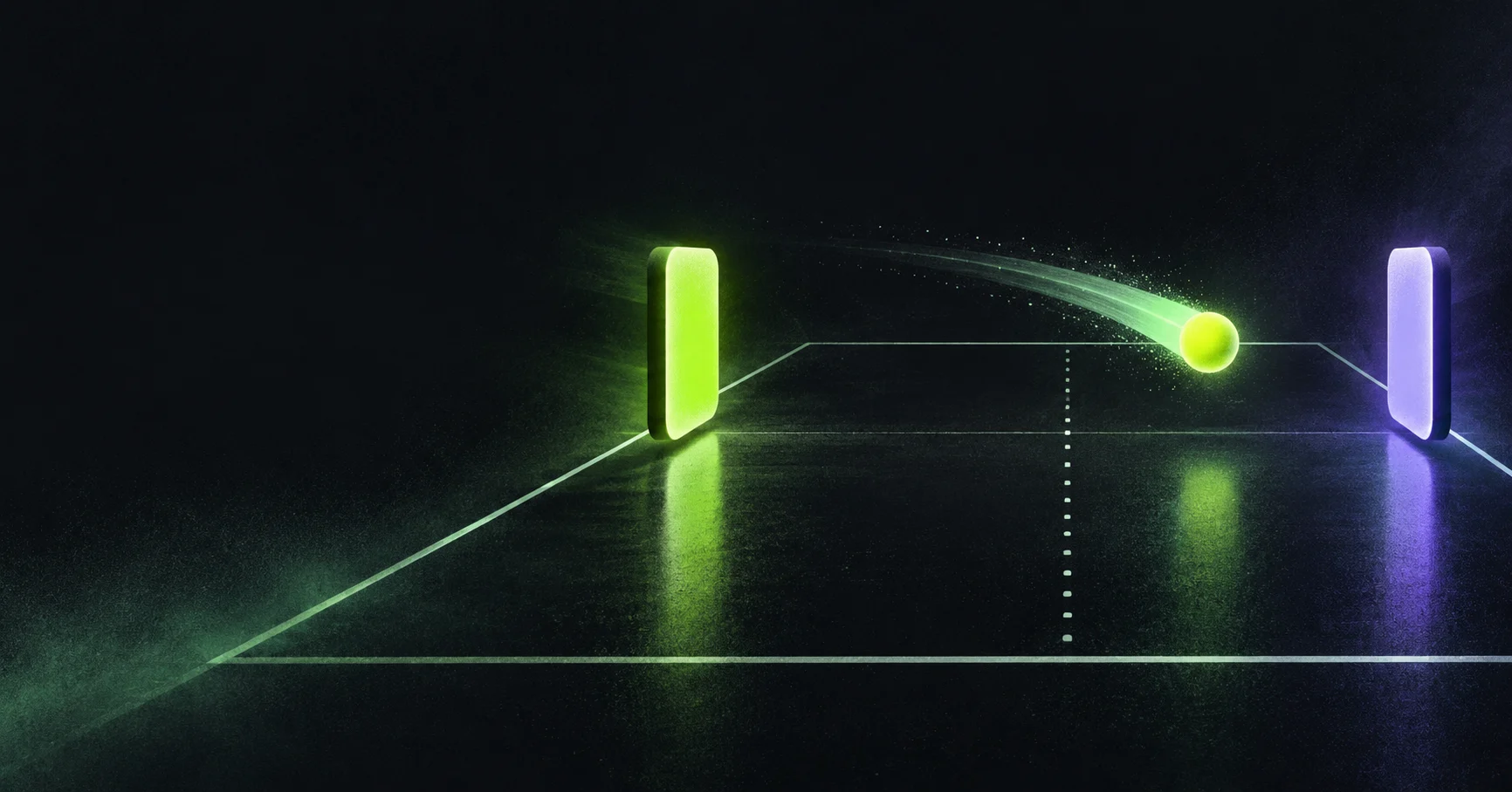 A glowing lime ball racing across a neon arcade court